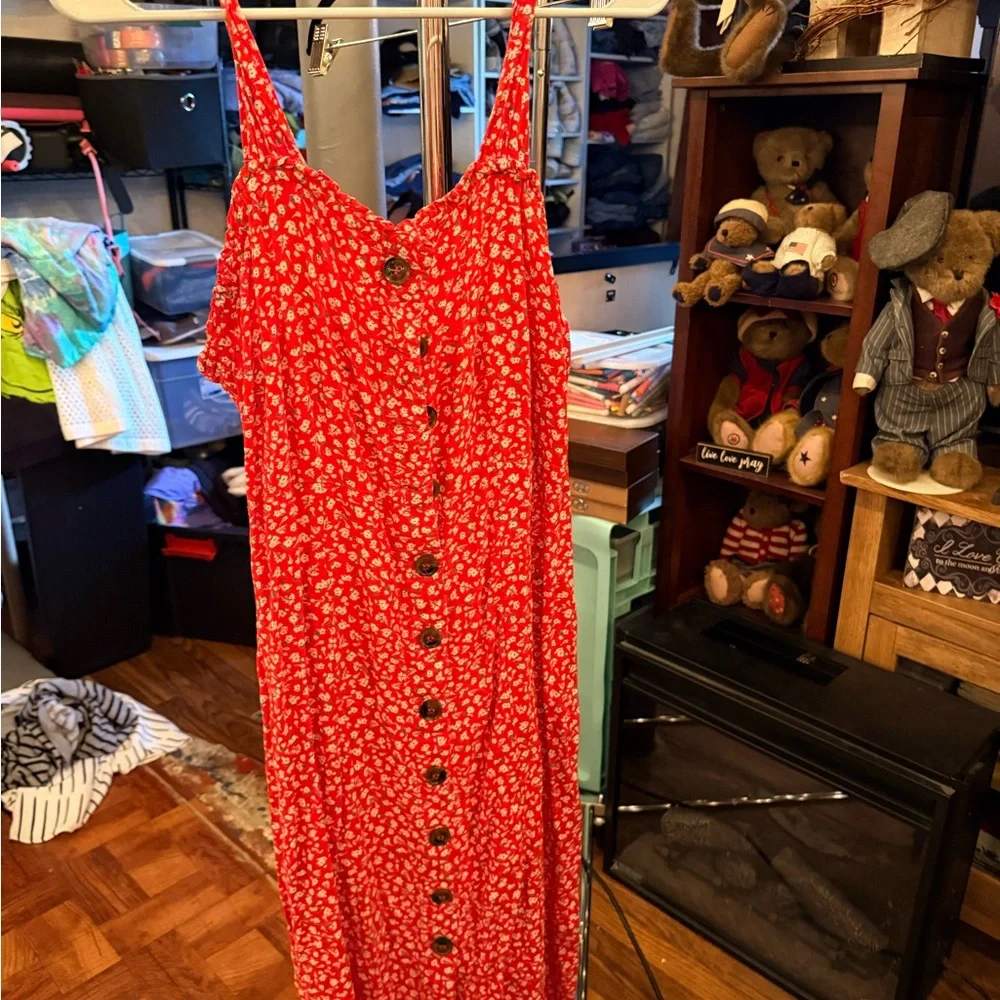 Red Floral Button-Down Dress size L - Picture 1 of 8